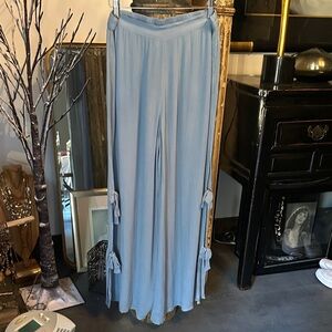 Elan Dusty Blue Wide-Leg Tie-Side Palazzo Pants